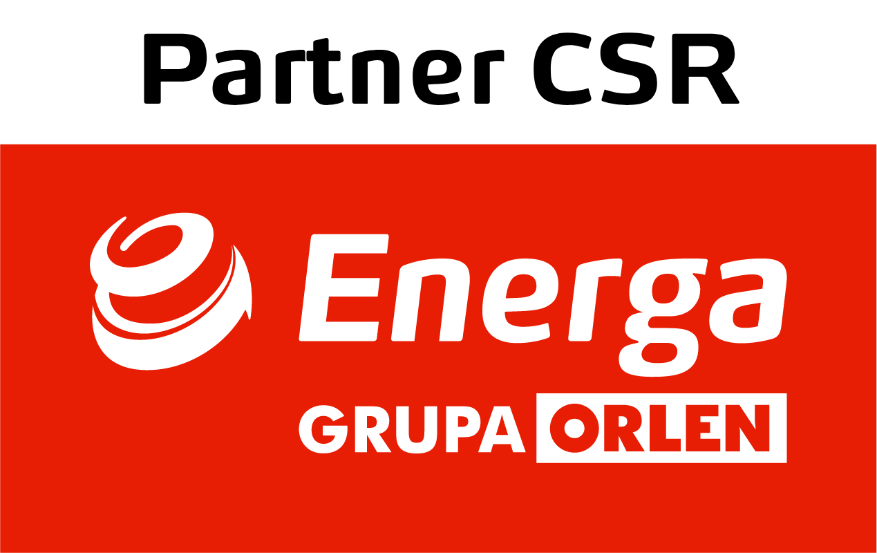 Czarny napis "Partner CSR" nad czerwonym prostokątem z białym logo i symbolem "Energa GRUPA ORLEN".